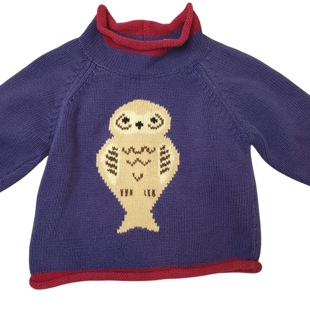 Vintage L.L. Bean Baby Owl Rollneck Sweater 6-12 Months Blue Red Knit Pullover